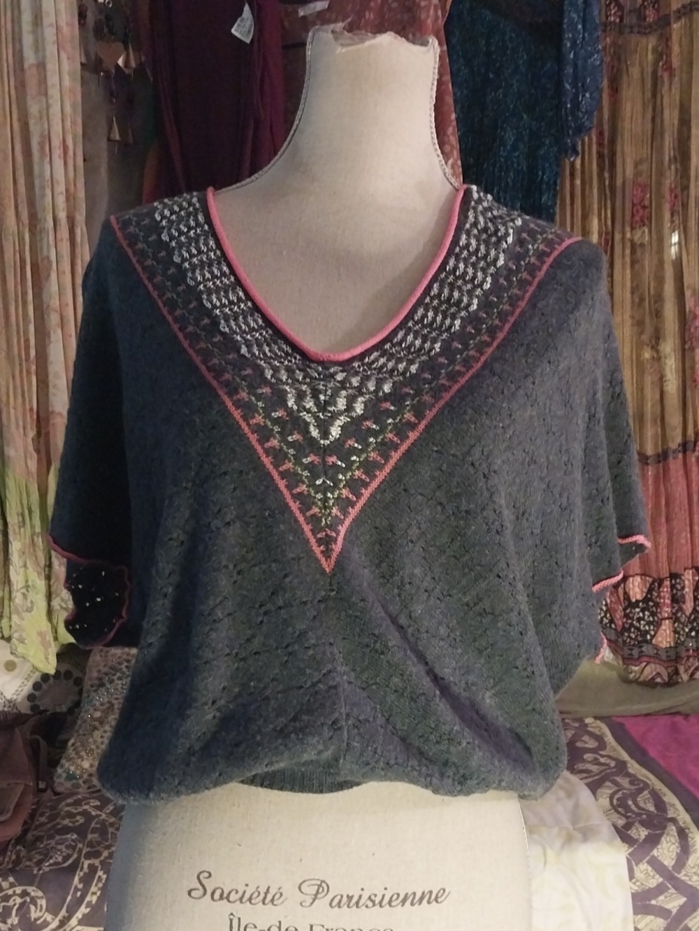 Free People Gray V-Neck Sweater with Pink Trim
